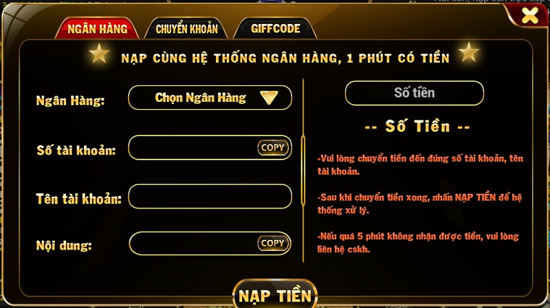 Sao chép thông tin ngân hàng cổng game để chuyển tiền sang