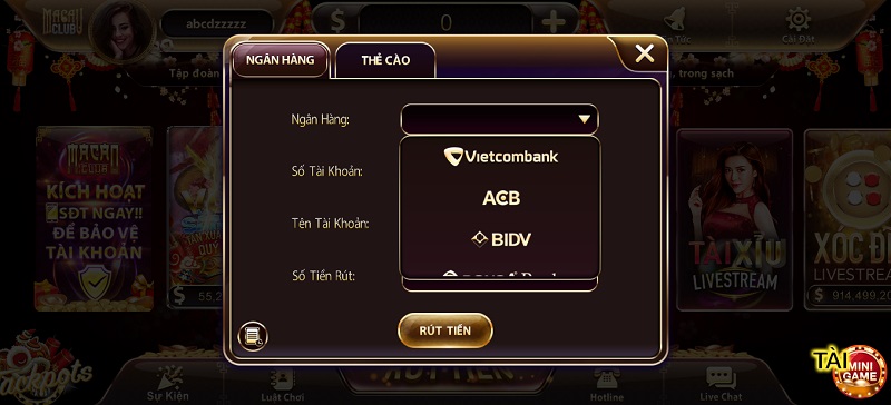 Cổng game Macau Club hỗ trợ rút tiền về ngân hàng hoặc quy thành thẻ cào