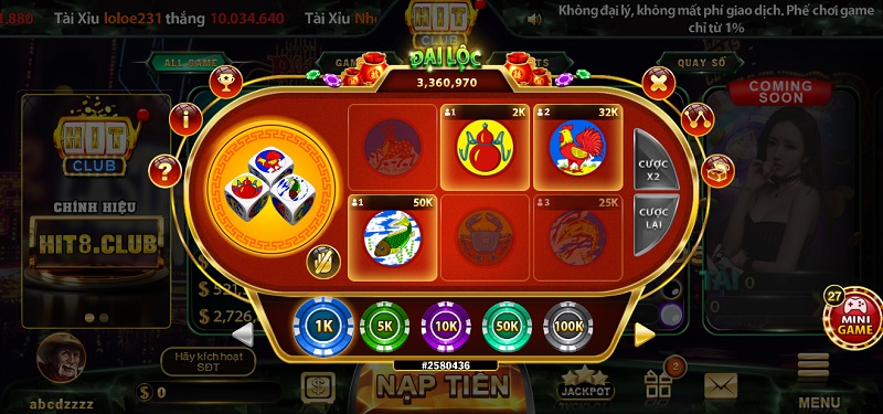 Đặt tiền cho các linh vật khi chơi mini game Bầu Cua