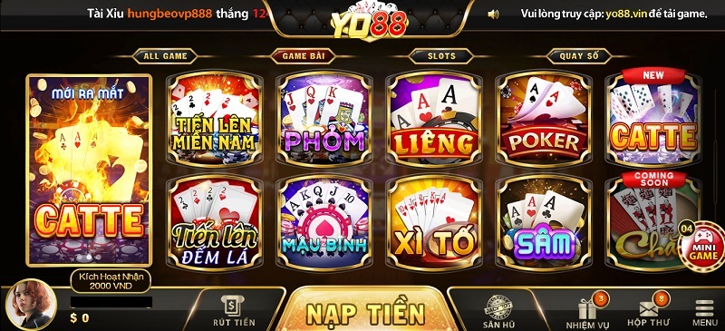 Sảnh game bài đa dạng khiến người chơi mê mệt của Yo88