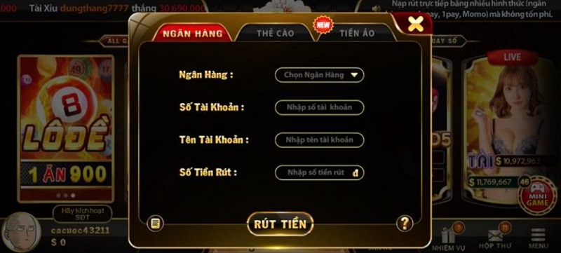 Rút tiền tiện lợi về tài khoản ngân hàng tại cổng game bài uy tín Yo88