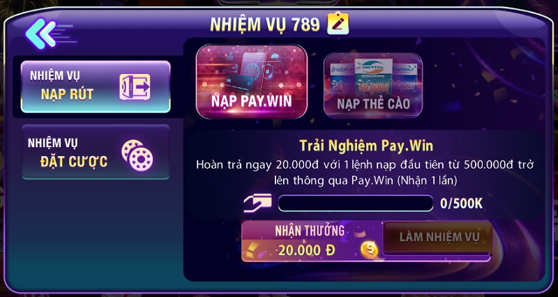 Nạp tiền vào tài khoản lần đầu bằng Pay Win hoặc thẻ cào được hoàn 20K